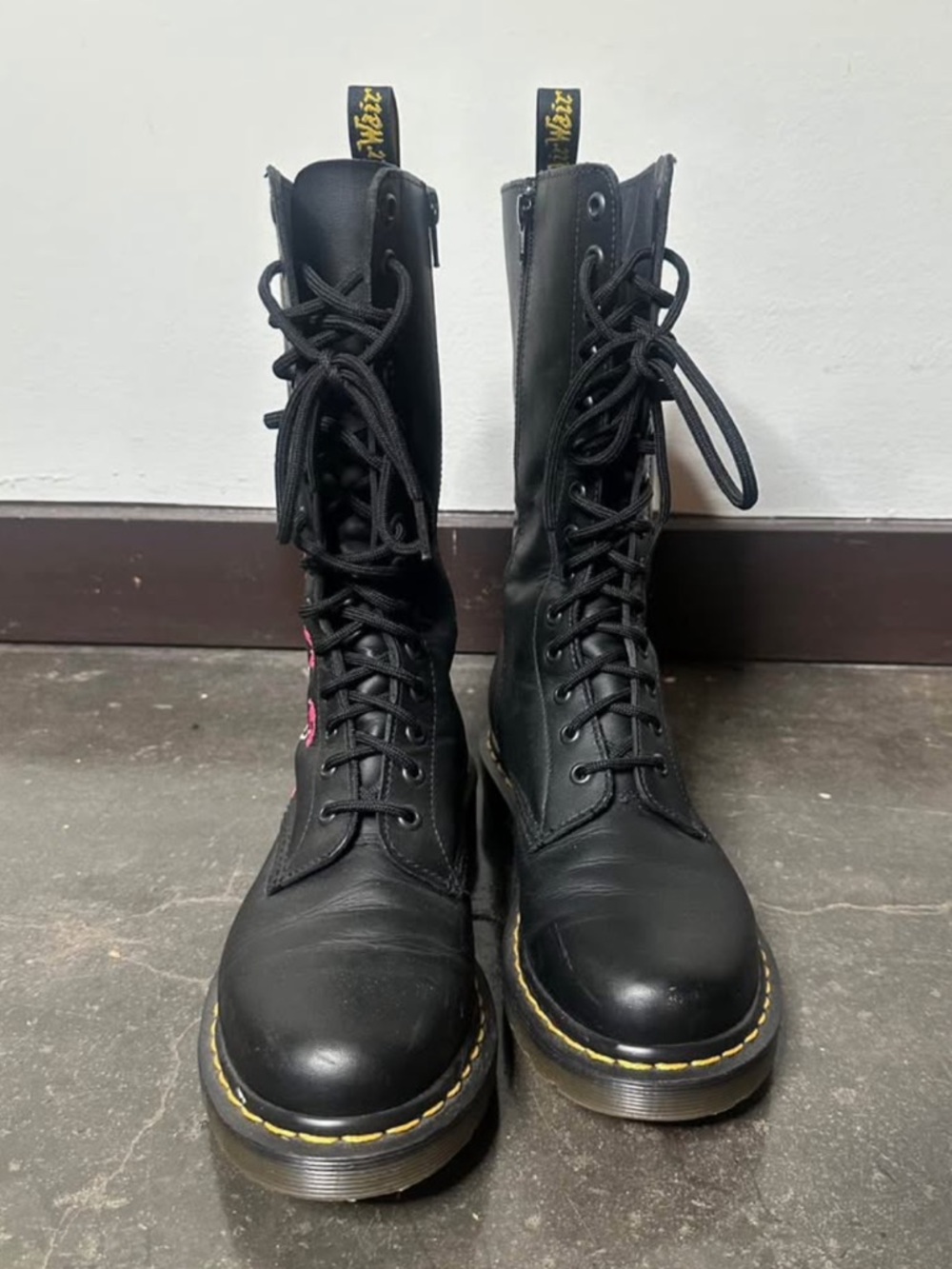 Dr. Martens Black Boots with Pink Floral Embroidery - Picture 2 of 3